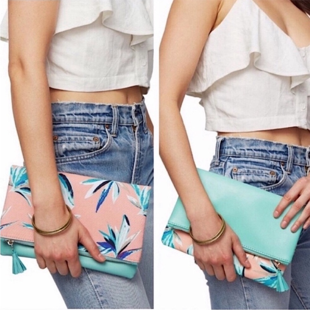 Rachel Pally Reversible Clutch in Coral / Mint with Large Floral Tropical Print